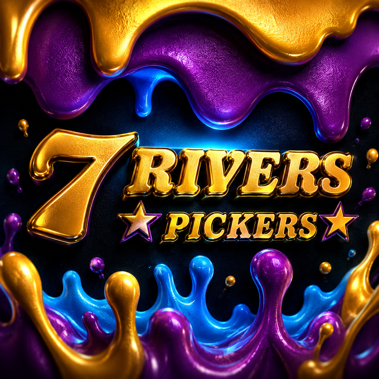 7 Rivers Pickers colorful gold, purple and blue logo
